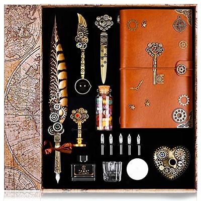 GC QUILL Antique Quill Pen Unique Half-Patterned Feather Pen Set with 6  Nibs 1 Bottle of Ink 1 Seal Stamp 1 Pen Holder 1 Sealing Wax LL-149