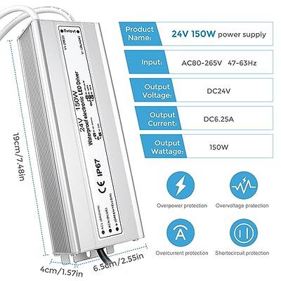 LED Driver 40W 24V, Waterproof IP67 24V Power Supply, LED Transformer  90V-265V AC to 24V DC, LED Power Supply with 3-Prong Plug 3.3 Feet Cable  for LED