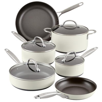 Goodful 10pc Cast Aluminum, Ceramic Cookware Set Cream