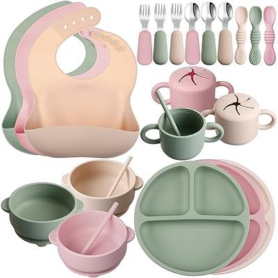 16 Pcs Baby Led Weaning Supplies Silicone Baby Feeding Set Baby Plates with  Suction Baby Utensils with Divided Adjustable Bib Bowl Cutlery Snack Cup