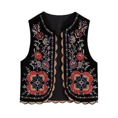 Women Y2k Vintage Embroidered Vest Floral Open Shirt Crop Vest