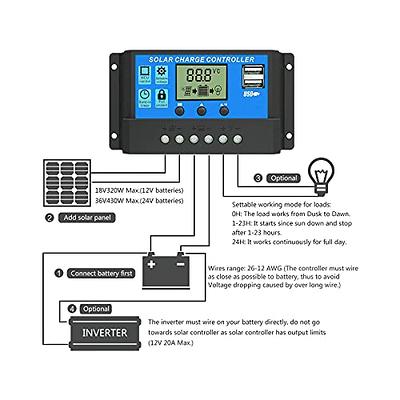 30A Solar Charge Controller 12V/ 24V PWM Solar Panel Timer & Setting Dual  USB