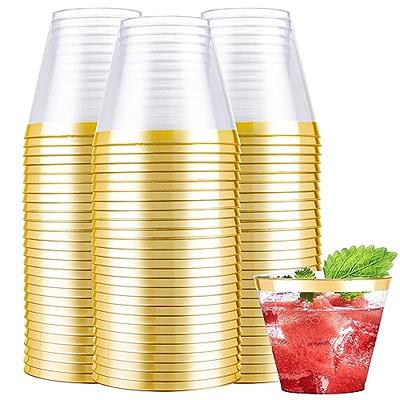 I00000 100PCS Gold Plastic Cups,10 oz Clear Plastic Cups with Gold