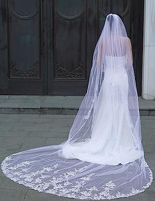 Ursumy Gorgeous Wedding Lace Veil Floral Long Cathedral Veils for Brides  Soft Tulle Bridal Veils with Comb 118 (Ivory)