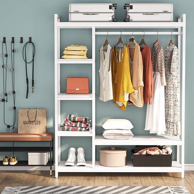 Freestanding Closet Organizer with 6 Shelves and Hanging BarWhite