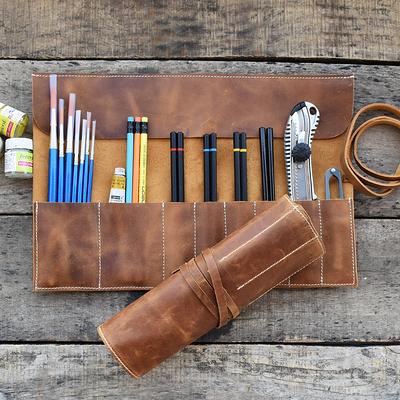 Personalized Leather Pen Roll - Brown