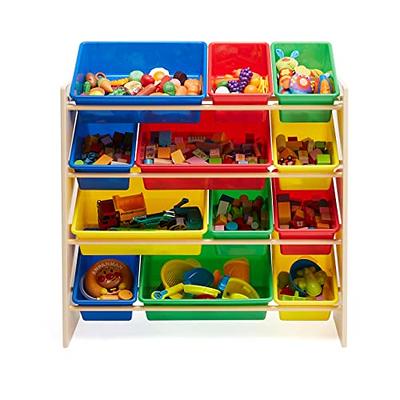 Basics Kids Toy Storage Organizer With 12 Plastic Bins, Natural Wood  With Bright Bins, 10.9 D x 33.6 W x 31.1 H