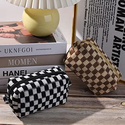  SOIDRAM Makeup Bag Checkered Cosmetic Bag Brown Makeup Pouch  1Pcs Large Capacity Makeup Bags and 1Pcs Makeup Brushes Storage Bag Travel Toiletry  Bag Organizer : Beauty & Personal Care