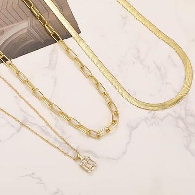 17 MILE Gold Layered Choker Necklace for Women Girls, 14K Real Gold Plated  CZ Pendant Necklace, Dainty Flat Snake Chain Layering Necklace for Gift