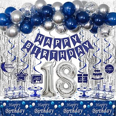 Black and Blue Party Decorations, Happy Birthday Decorations for Men Women Birthday Black Party Decor with Foil Fringe Curtains and Crown, Party