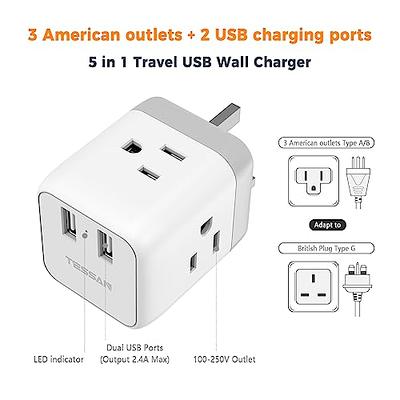 TESSAN US to UK Plug Adapter, Type G UK Travel Plug Adapter, Ireland  Scotland Dubai Power Adapter with 3 Outlets and 2 USB Ports, USA to England