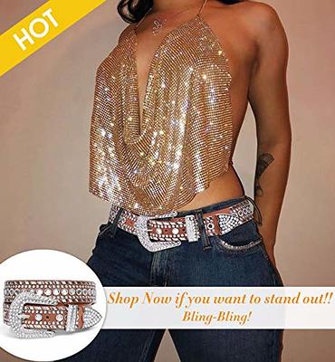 SUOSDEY Rhinestone Belt Men Women Western Bling Cowboy Studded Leather Belt  Silver Shiny Buckle Belt for Jeans Pants at  Women’s Clothing store