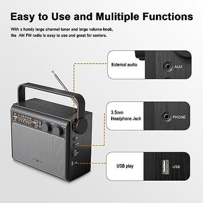  AM FM Radio with Best Reception, Bluetooth Speaker Portable  Radio, DSP Plug in Wall Radio Battery Operated or AC Power with Headphone  Jack, Large Tuning Knob for Home Kitchen Outdoor, Black 