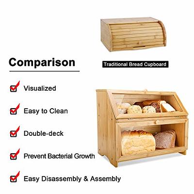 Bread Storage Farmhouse Bread Box For Kitchen Countertop Bread Container  With Clear Window Breadbox Double Layer Bamboo Wooden Extra Large Capacity