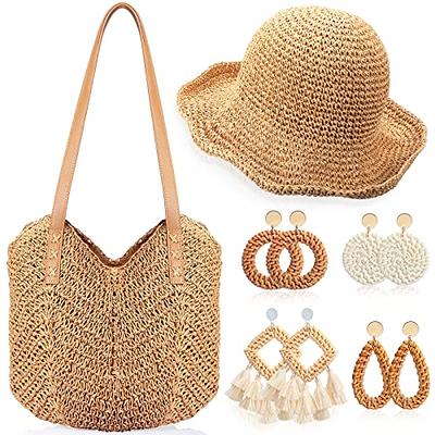 Sweetude 6 Pcs Womens Straw Tote Bag Summer Straw Beach Bag Wide Brim Straw  Sun Hats Bohemian Woven Earrings for Girls