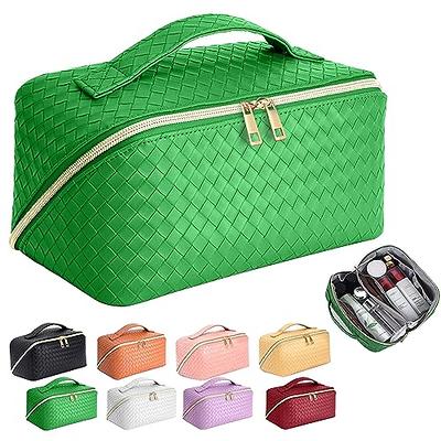 Cessfle Large Capacity Travel Cosmetic Bag Plaid Checkered Makeup Bag Portable Leather Waterproof Skincare Bag with Handle and Divider for Women