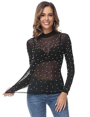 Women Mesh Sheer See Through Rhinestone Pearl Tops Long Sleeve Shirt Going  Out Layering Crop Top