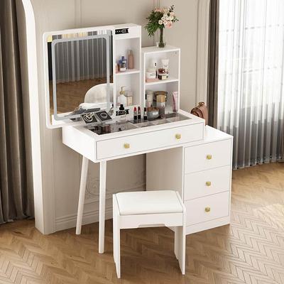 Rovaurx Makeup Vanity Table with Lighted Mirror, Makeup Vanity Desk with  Storage Shelf and 4 Drawers, Bedroom Dressing Table, 10 LED Lights, White