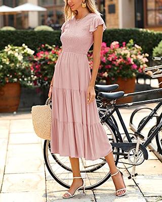 BTFBM Women Casual Short Sleeve Crew Neck Summer Dress Bohemian Floral  Printed Flowy Maxi Dresses Tiered Cocktail Dress (Solid Pink, Large) -  Yahoo Shopping