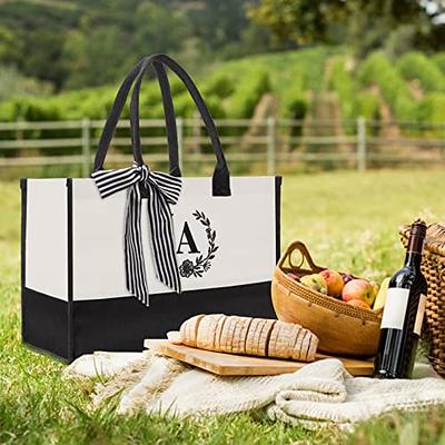 TOPDesign Embroidery Initial Canvas Tote Bag, Personalized Present Bag, Suitable for Wedding, Birthday, Beach, Holiday, Is A Great Gift for Women