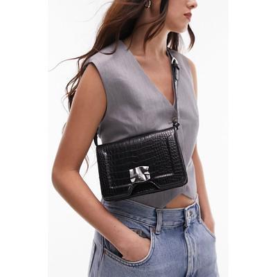 JW Pei Mini Flap Croc Embossed Faux Leather Crossbody Bag in Black Croc at Nordstrom