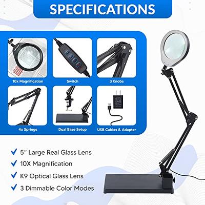 Large Lens Magnifier Lighted Lamp Top Desk Magnifying Glass Battery Powered  With Clamp LED Light 