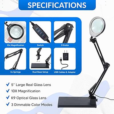 10X LED Magnifying Glass with Light, Stepless Dimmable, 3 Color Modes, Real  Glass Lens Magnifying Lamp with Light Desk Lamp Clamp for Crafts, Reading