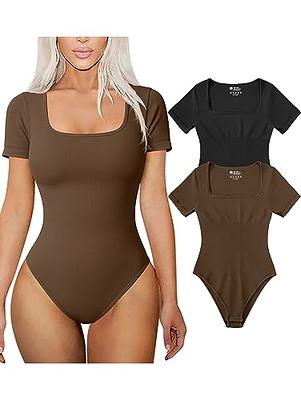 TOB Women's 2 Piece Bodysuits Sexy Ribbed Shorts Sleeve Square