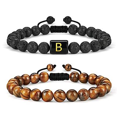 LUXEJEW Initial Bracelet for Men, 8mm Tiger Eye Lava Rock Mens