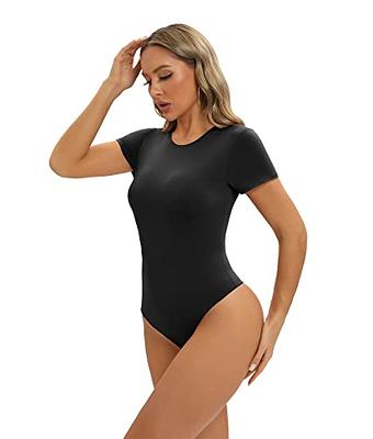 SHAPERX Women's Fit Everybody Bodysuit Soft Crew Neck T-shirt Body Suits  with Thong Design, SZ5249-Black-XS at  Women's Clothing store