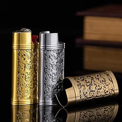 Lucklybestseller Metal Lighter Case Cover Floral Stamped for Bic Full Size  Lighter J6 (White Gold)