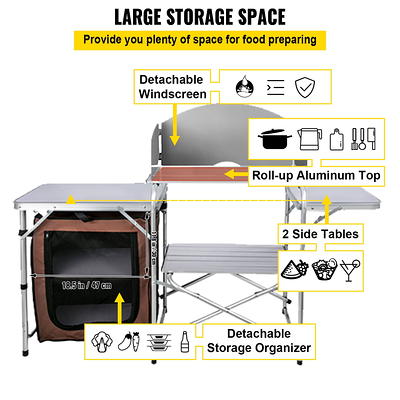 VEVOR Camping Kitchen Station, Aluminum Portable Folding Camp Cook Table  with Windshield, Storage Organizer and 4 Adjustable Feet, Quick  Installation