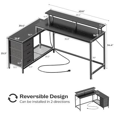 Huuger 55 inch Computer Desk with 3 Drawers, Office Desk Gaming Desk with LED Lights & Power Outlets, Home Office Desks with Storage Space for