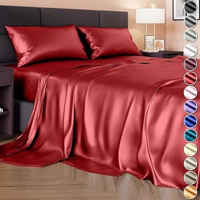 MR&HM Satin Bed Sheets with Elastic Corner Straps, Full Size Sheets Set, 4  Pcs Silky Bedding Set with 15 Inches Deep Pocket for Mattress (Full, Silver