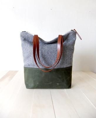 Small leather-trimmed checked cotton-canvas tote