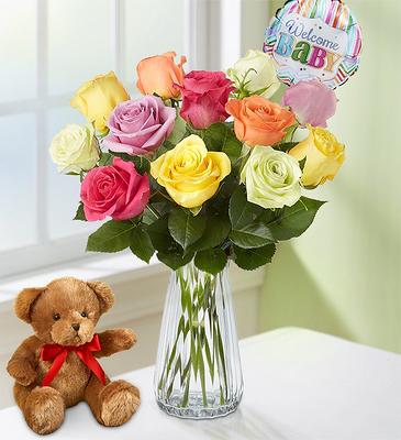 Congratulations Assorted Roses, 24 Stems with Clear Vase, Bear & Chocolate by 1-800 Flowers