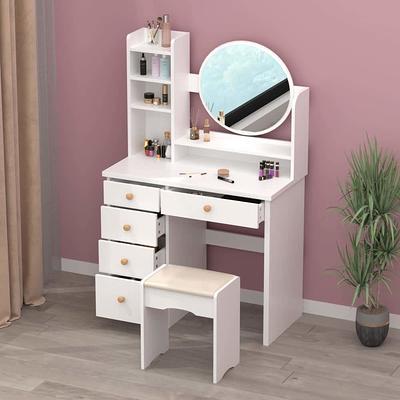 Modern White Extendable Makeup Vanity 5 Drawers Dressing Table Set with  Stool and Mirror