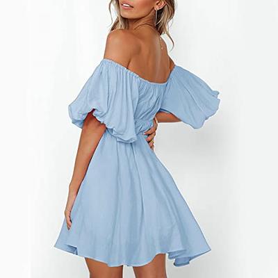 Summer Outfits Short Blue Dress With Puff Sleeves