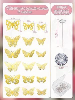 148 Pcs Bouquet Corsages Pins for Flower and 3D Gold Butterfly Wall Decor Set Flower Diamond Pins Crystal Head Straight Pins Bouquet Accessories for