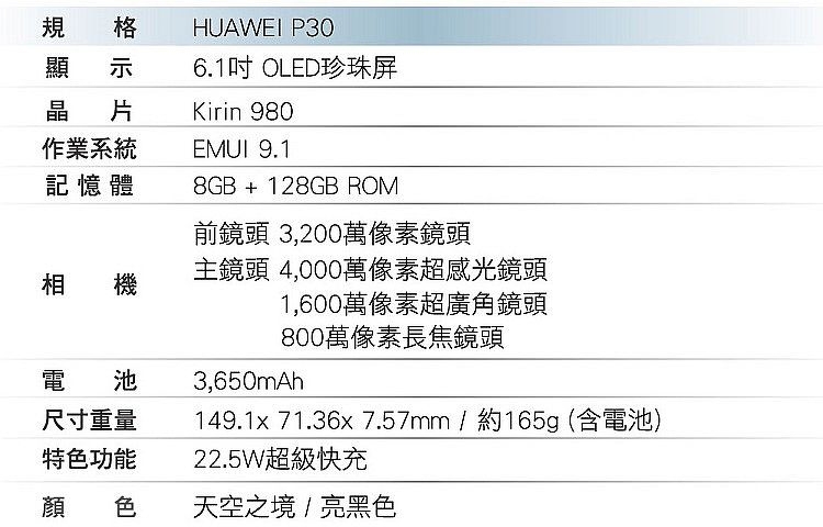 華為 HUAWEI P30 (8G/128G) 6.1吋智慧手機-黑色