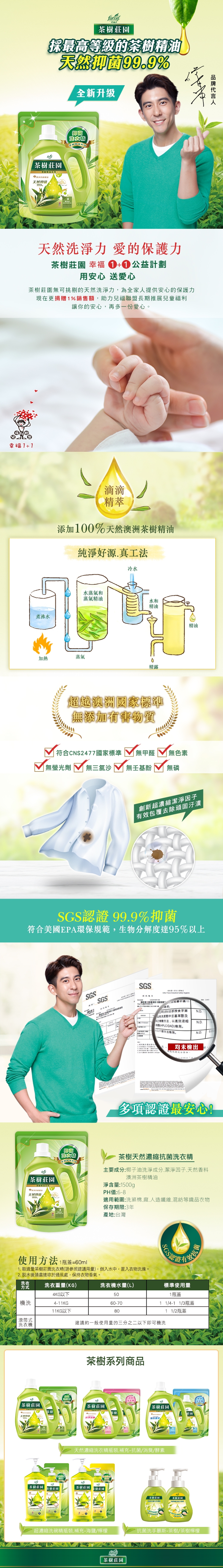 茶樹莊園 茶樹天然濃縮抗菌洗衣精補充包 1500g(6入/箱~箱購)