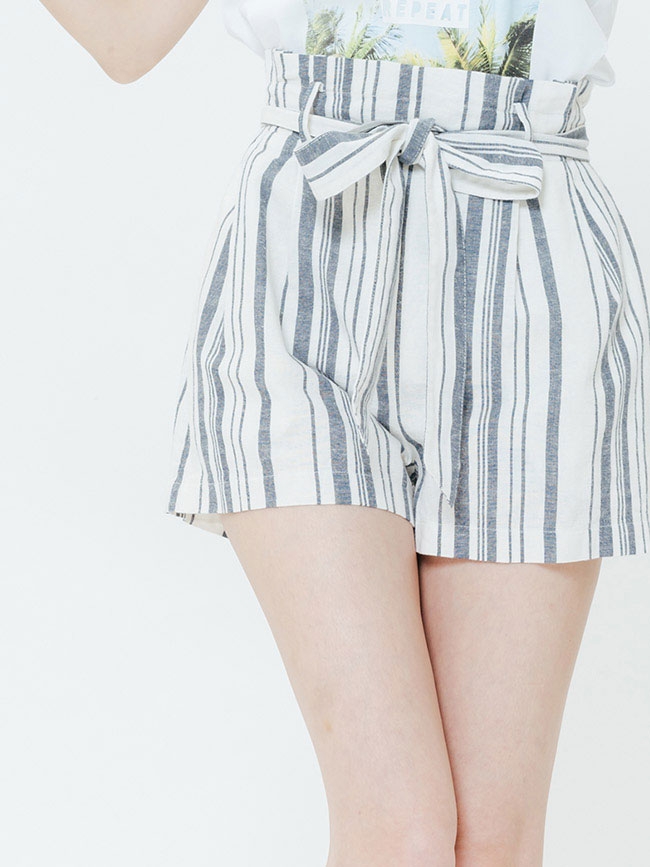 H:CONNECT 韓國品牌 女裝-腰鬆緊綁結直條短褲-藍