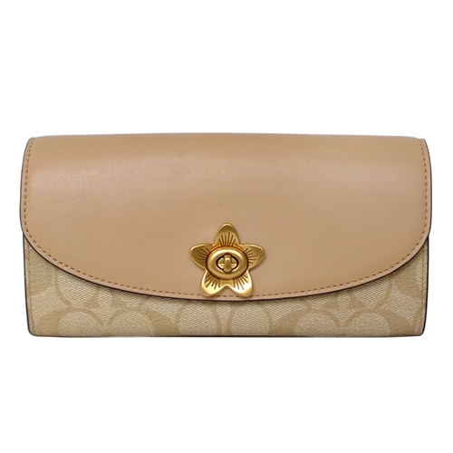 COACH裸色真皮拼接C Logo花朵旋釦雙摺長夾