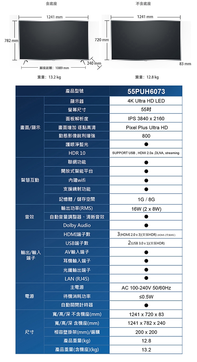 PHILIPS飛利浦55吋 4K HDR 聯網 液晶顯示器+視訊盒55PUH6073