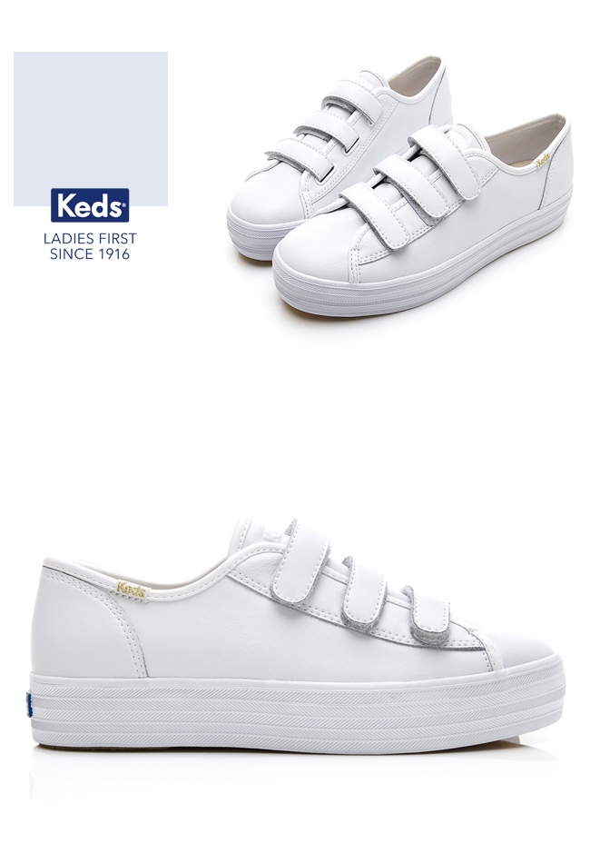 Keds TRIPLE KICK 時尚皮革厚底魔鬼氈休閒鞋-白