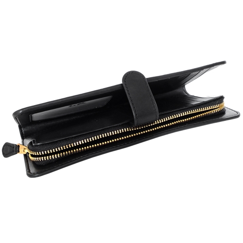 COACH黑色素面全皮釦式翻摺多卡長夾