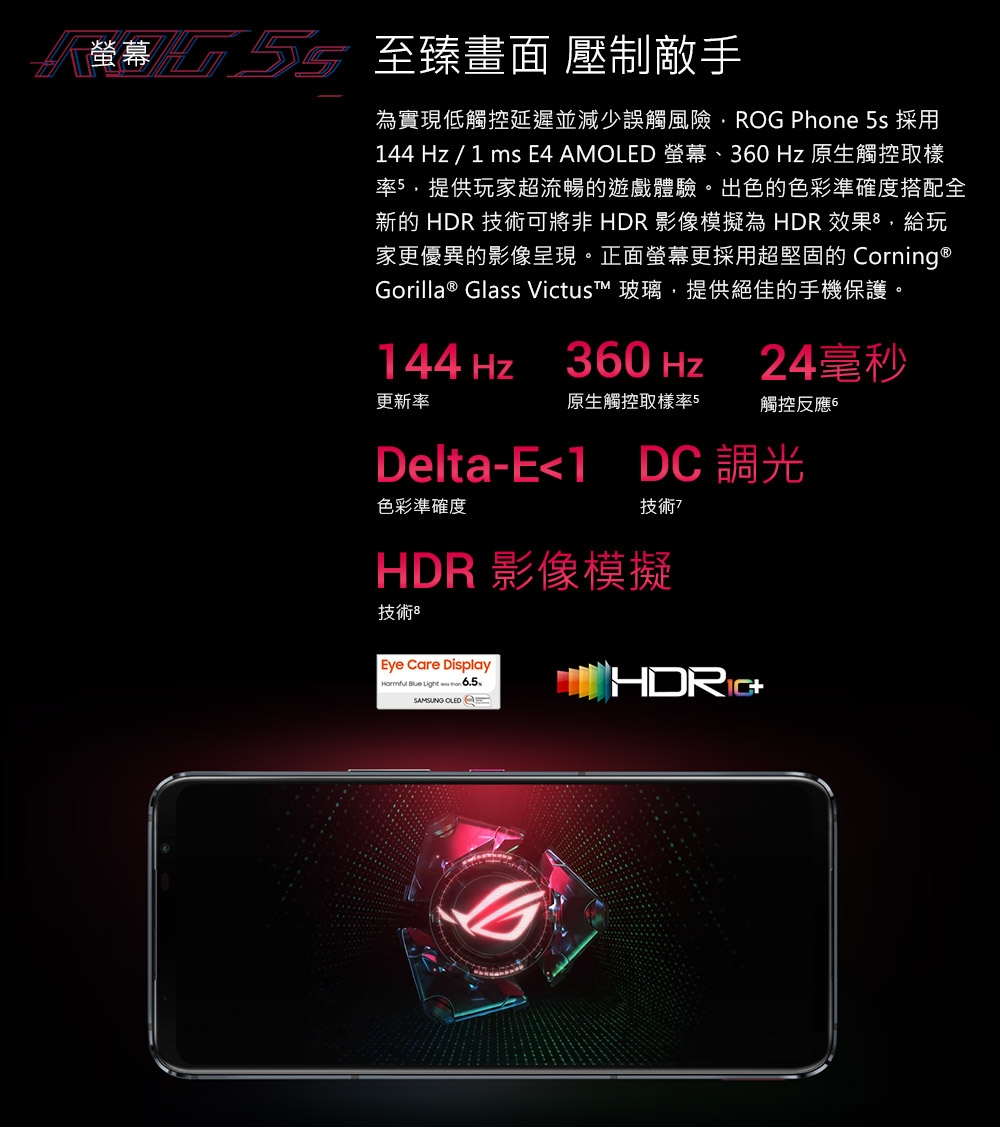 螢幕 至臻畫面 壓制敵手為實現低觸控延遲並減少誤觸風險ROG Phone 5s 採用144 Hz / 1 ms E4 AMOLED 螢幕、360Hz 原生觸控取樣率5提供玩家超流暢的遊戲體驗。出色的色彩準確度搭配全新的 HDR 技術可將非 HDR 影像模擬為 HDR效果給玩家更優異的影像呈現。正面螢幕更採用超堅固的Corning ®Gorilla ® Glass Victus 玻璃,提供絕佳的手機保護。144Hz更新率360 Hz24毫秒原生觸控取樣率5觸控反應6Delta-E1 DC 調光色彩準確度技術?HDR影像模擬技術Eye Care Display  Light  65.SAMSUNG OLED