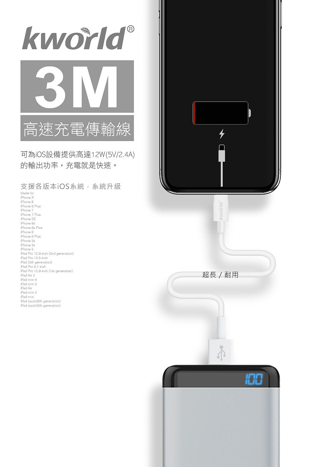 kworld廣寰Apple Lighting 高速充電傳輸線 3M A30