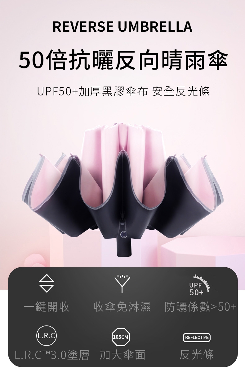 Lufy極度防曬 UPF50+體感降溫 安全反光條反向傘 超輕十骨防風自動晴雨傘