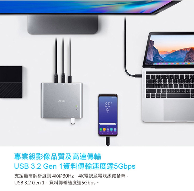 ATEN 2埠 USB-C 攜帶裝置切換器 (US3310) 搭載電源傳輸